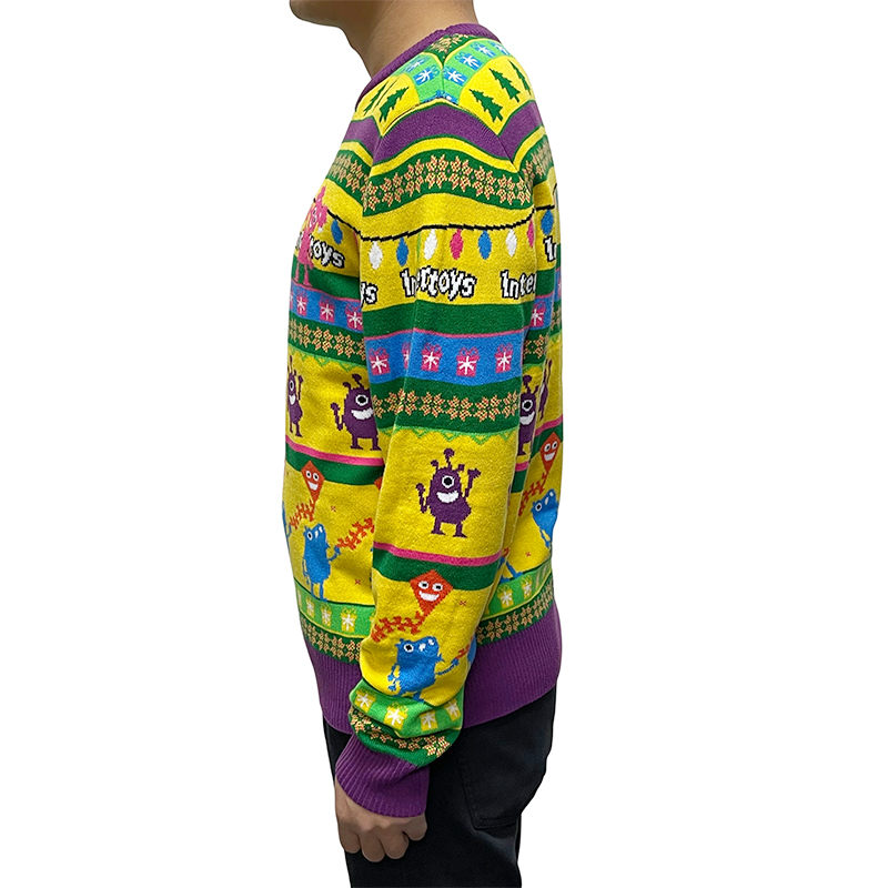 Factory Wholesale Cute Thick Yellow Purple Crew Neck Loose Cartoon Monster Jacquard Knitted Ugly Christmas Sweater