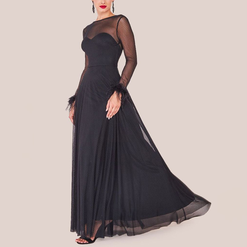 Autumn and Winter New Women's Sexy Perspective High Waist Slim Long Skirt Trumpet Sleeve Dress