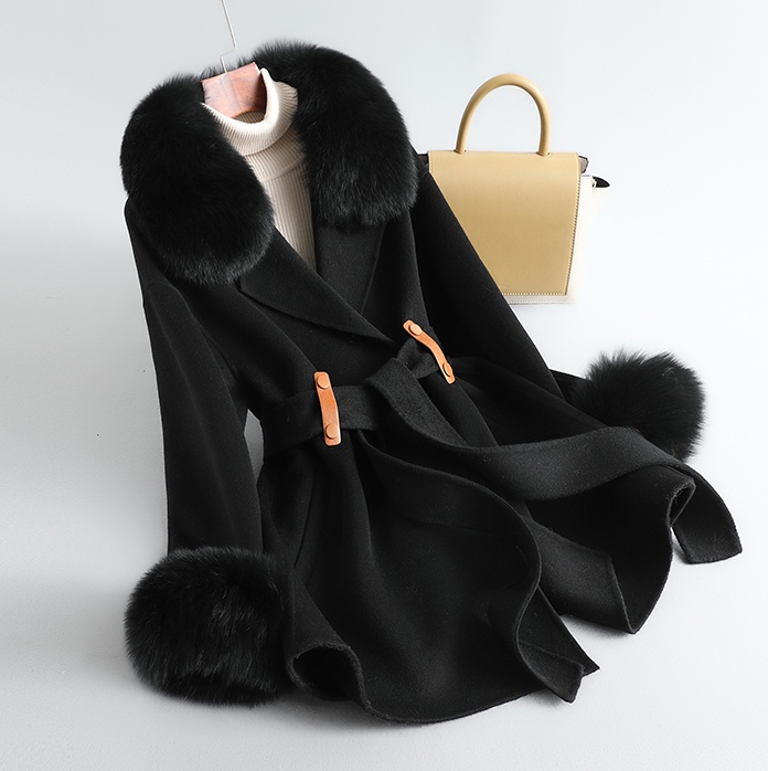 New Fashion Camel Color Women Wool Cashmere Fur Coat Elegant Loose Woolen Fox Fur Collar Overcoats With Belt