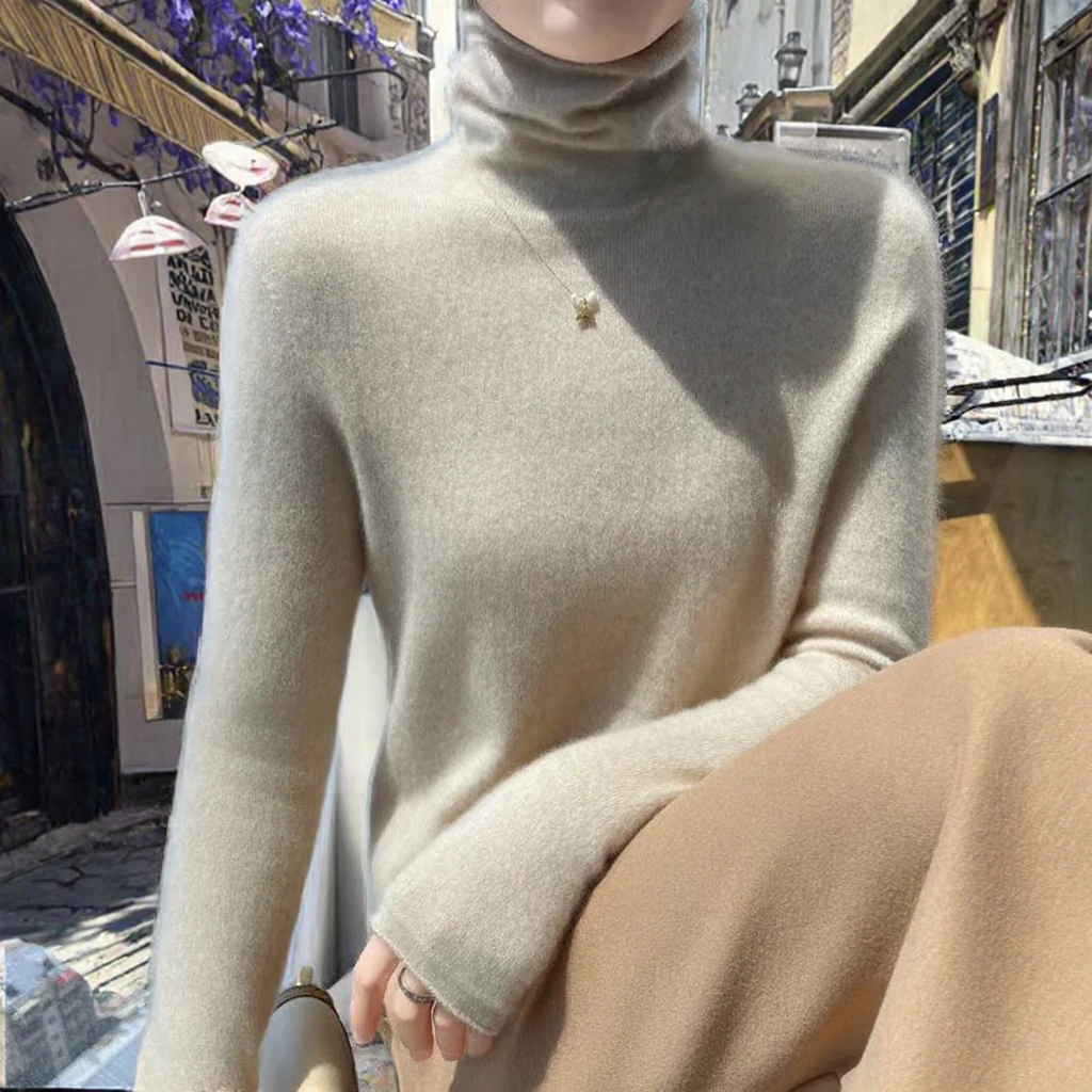 Women's Casual Seamless 100% Wool Thin Turtle Neck Base Layer High Quality Full-Fashioned Knitwear Thermal Shirt Winter