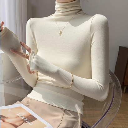 RUICHI 230GSM 1*1 Rib German Velvet Women's Thermal Top, Turtleneck Solid Color Brushed Blank Base Layer T-Shirt