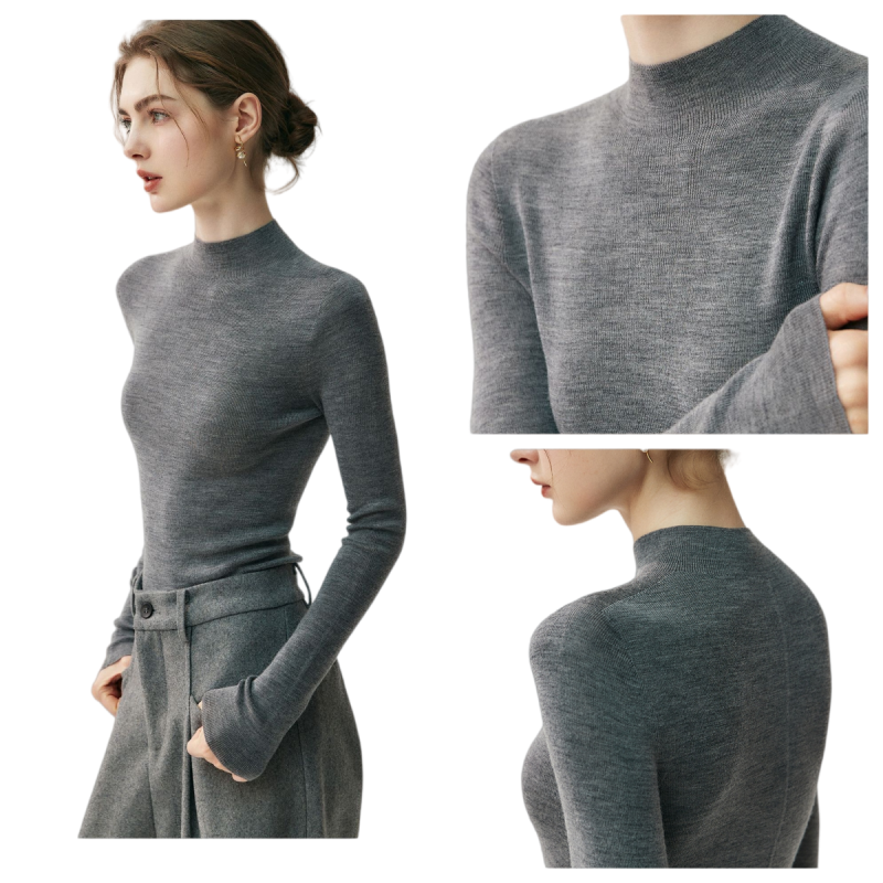 18G Seamless 100% Worsted Merino Wool Women Sweater Mock Half Turtleneck Solid Basic Knit Base Layer Top Wholesale for Boutiques