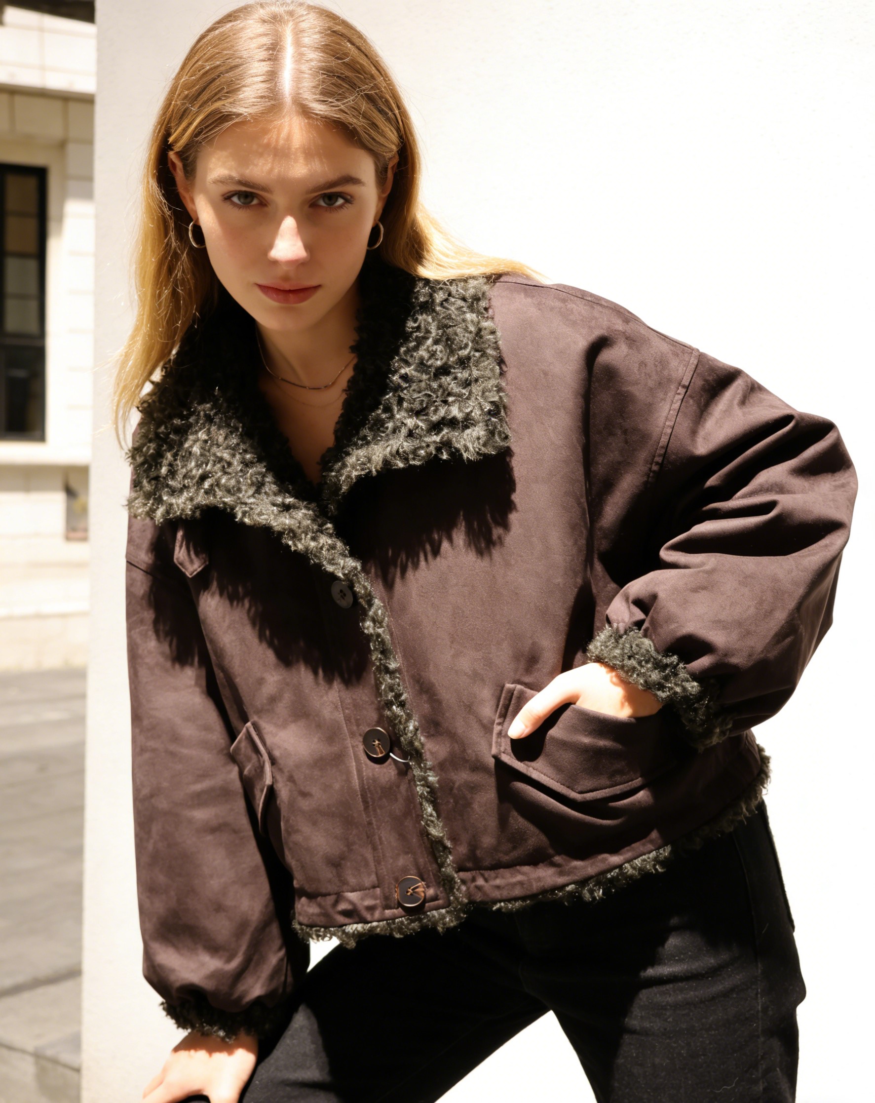 Women's Winter Faux Shearling Jacket, Brown Faux Fur Lined Faux Suede Coat, Warm Oversized Aviator Jacket with Button Detail