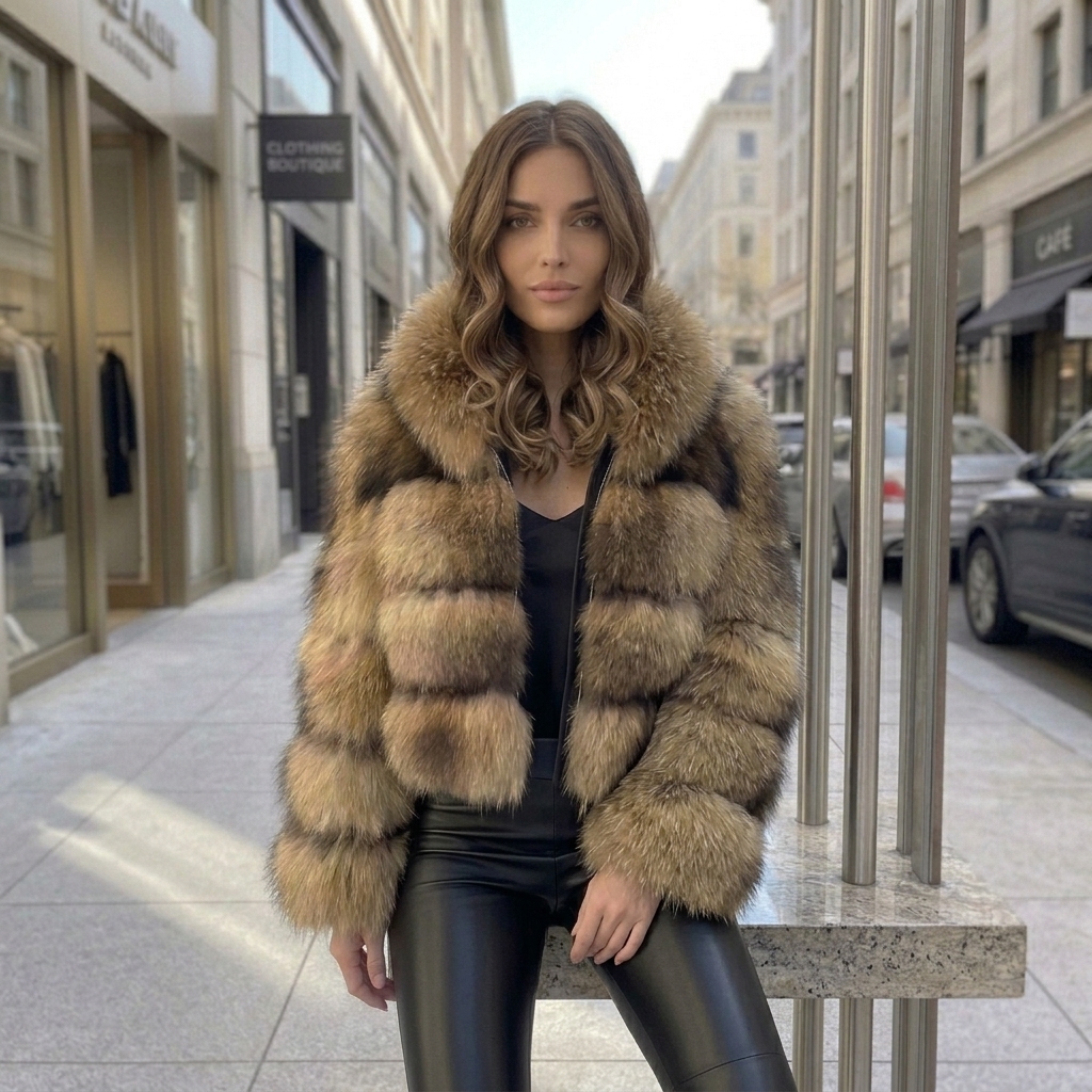 Luxurious Lady's Raccoon Fur Coat With a Thick Hood and Long Sleeves Real Fur Jacket Women's High-quality Fur Clothing