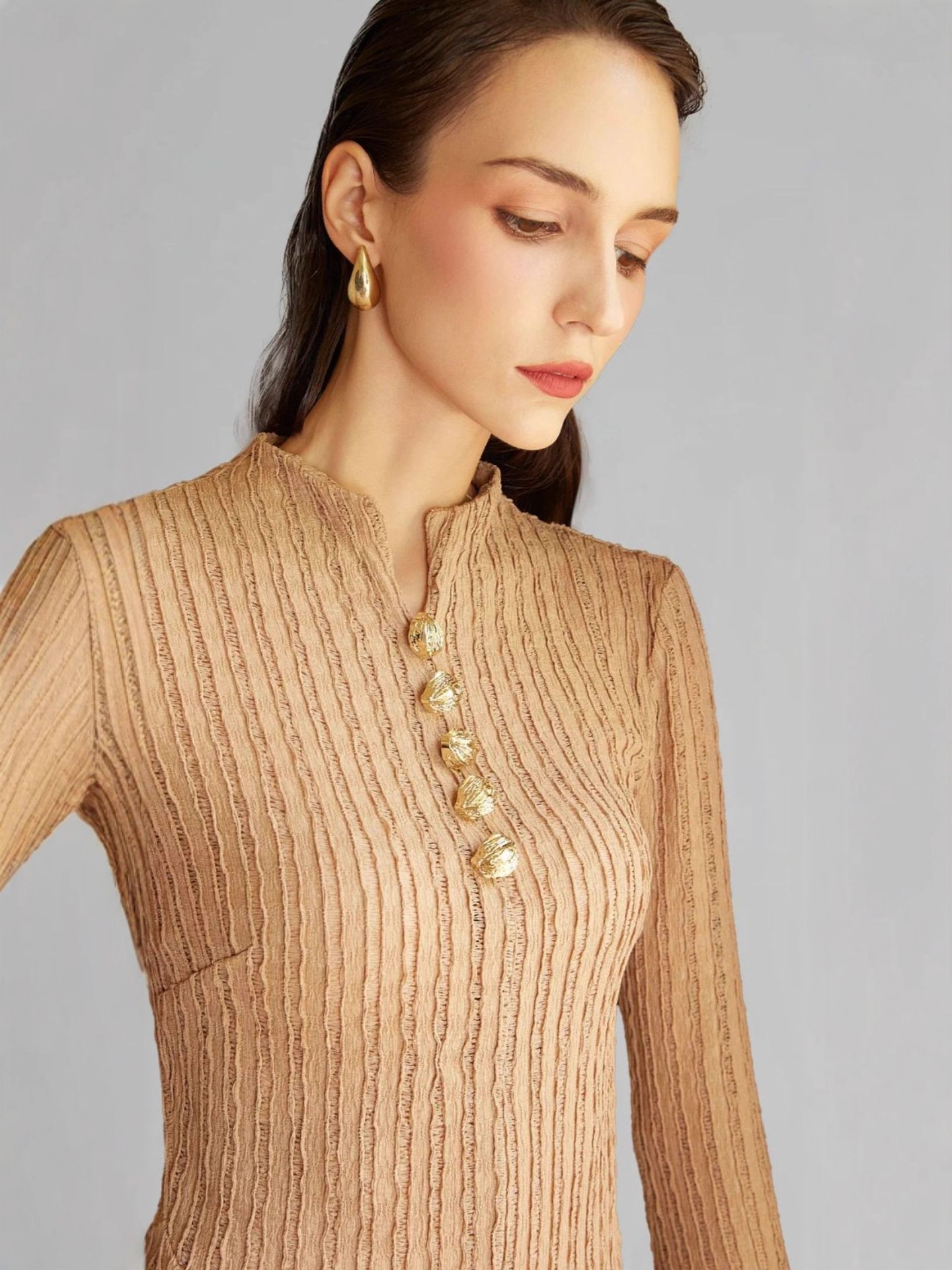 New Design Women's Autumn Winter Dress Round Neck Long Sleeve Camel Long Dress