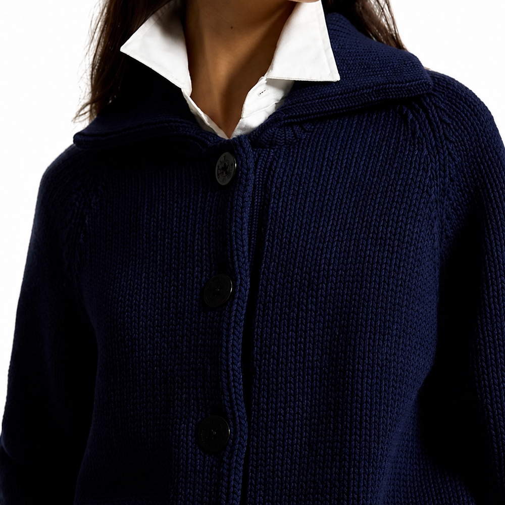 Wholesale Custom Polo Collar Women Cardigan 7GG Chunky Fisherman Rib Raglan Sleeve Sweater Navy Winter Warm Knitwear Cardigan