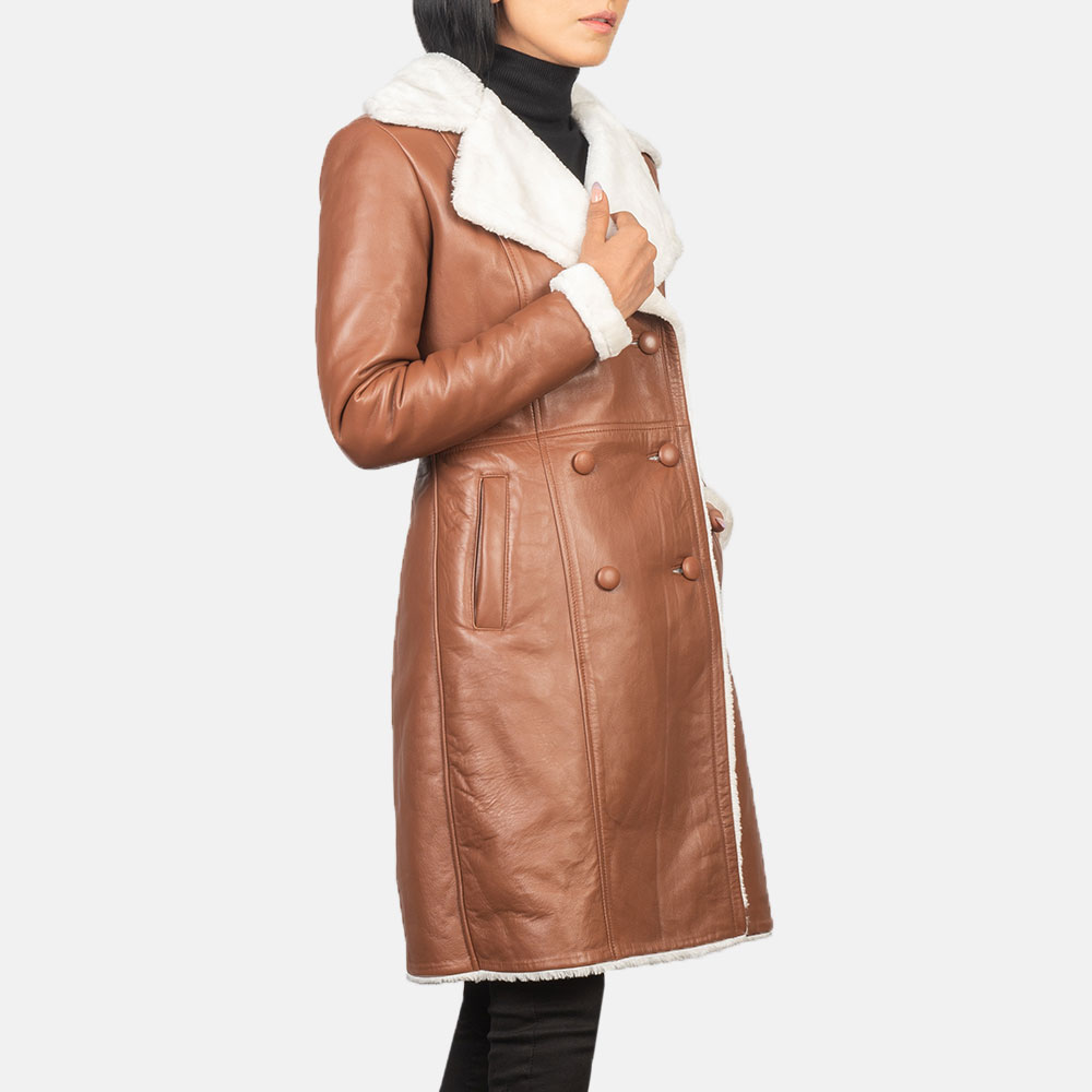 Women's Brown Double Breasted Shearling Coat genuine Winter Warm Faux Fur Lined Long Jacket Lapel Collar Button Closure