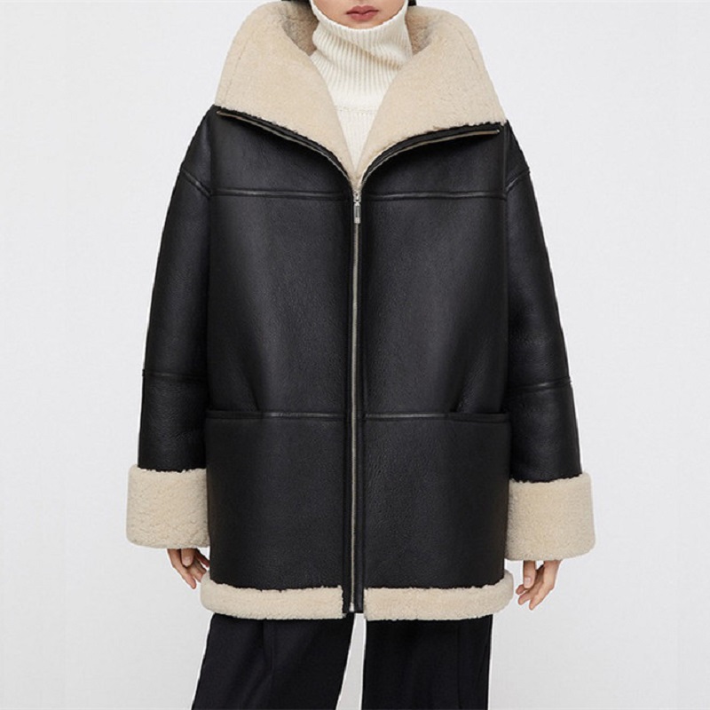 OEM Designer Quilted Shearling Jacket Women High Quality Oversize Faux Leather Fur Big Turn-down Collar Plain Dyed Cotton