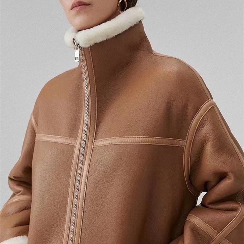 OEM Designer Quilted Shearling Jacket Women High Quality Oversize Faux Leather Fur Big Turn-down Collar Plain Dyed Cotton