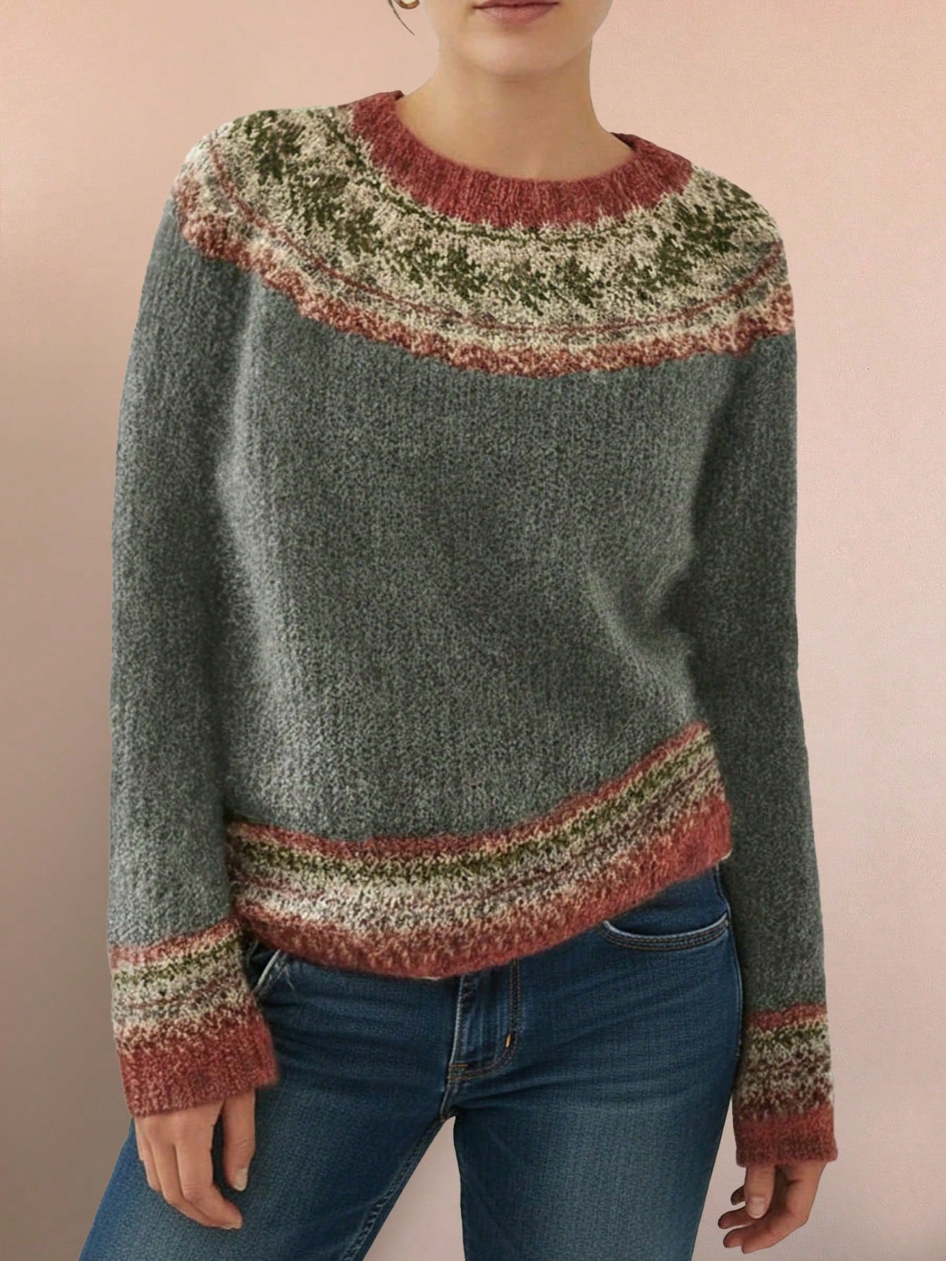 Quality Grey Nordic Knitted Sweater for Winter Holiday for Daily Outing Trendy Soft Warm Knitted Pullover Knitwear Top