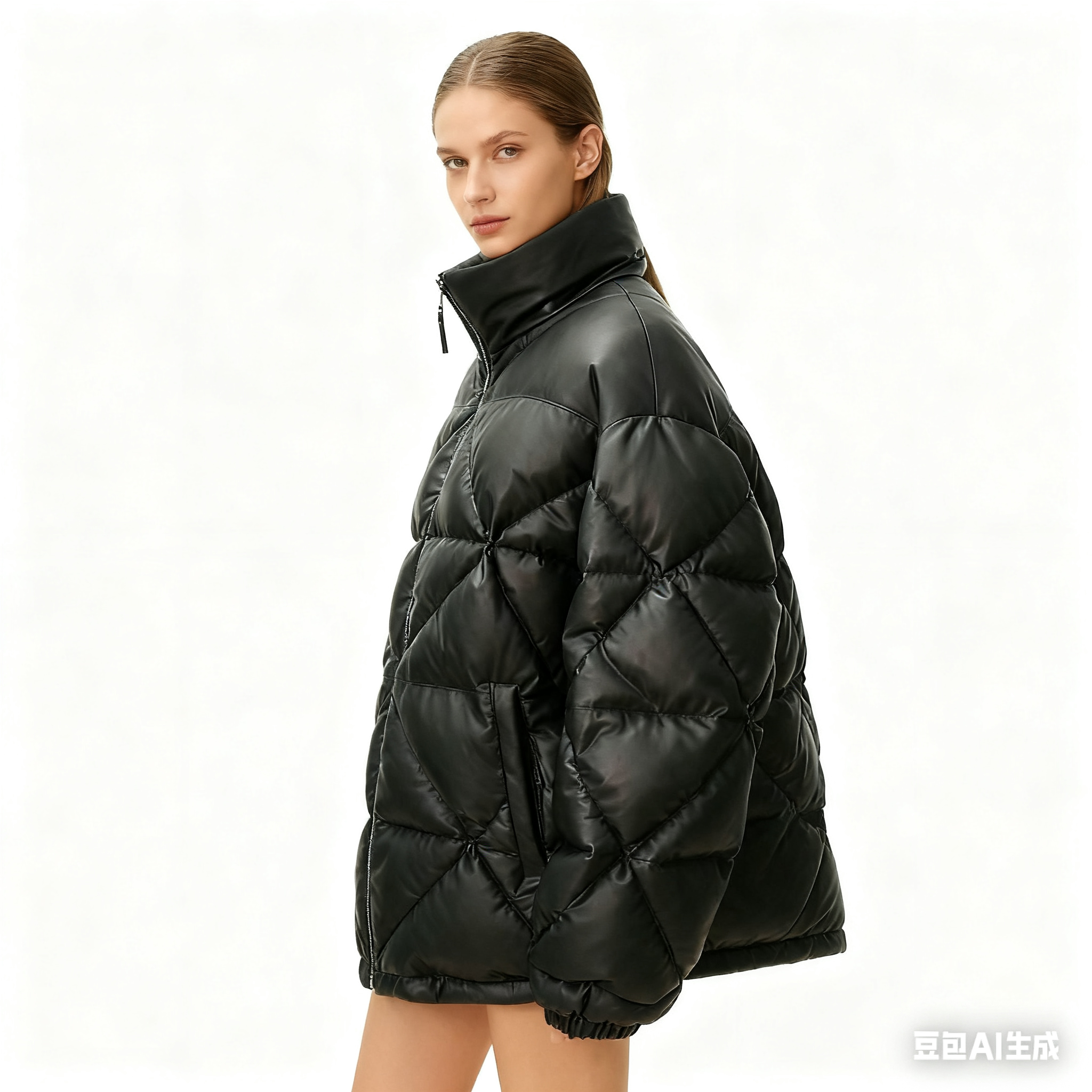 Women's Mid-Length Leather Down Jacket - Thick Diamond Quilted Puffer Coat, Warm Winter Outerwear