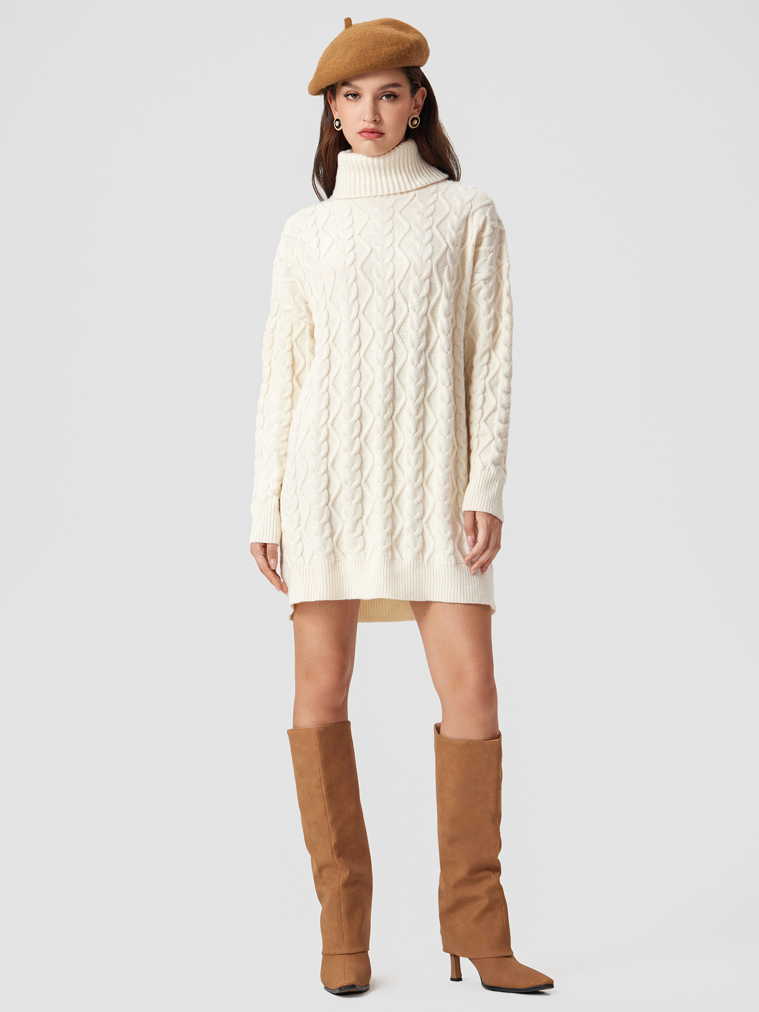 Women's Vintage Elegant Cable Knit Sweater Dress Autumn Winter Crew Neck Mini Dresses Long Sleeve Slim Fit Breathable Polyester