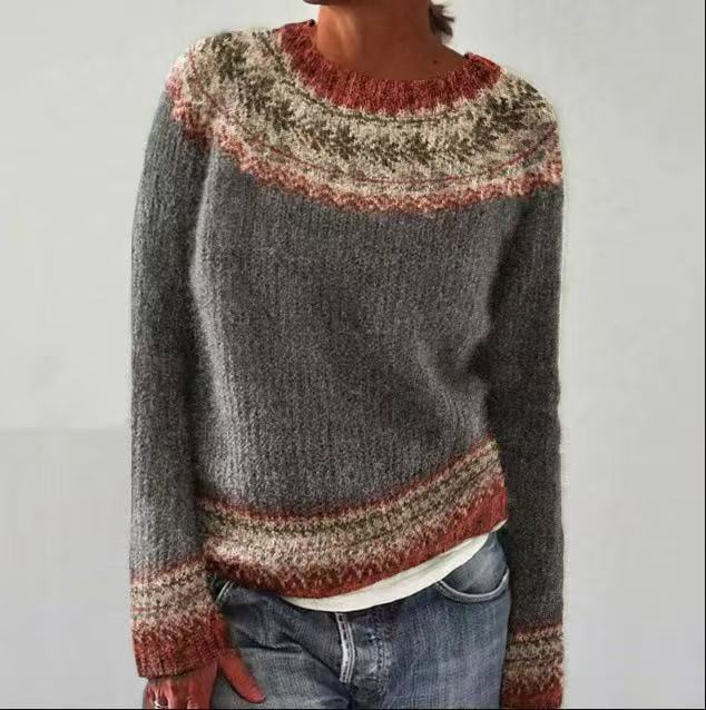 Winter Women's Korean Style Breathable Knitted Sweater Crew Neck Color-matching Loose Fit Pullover