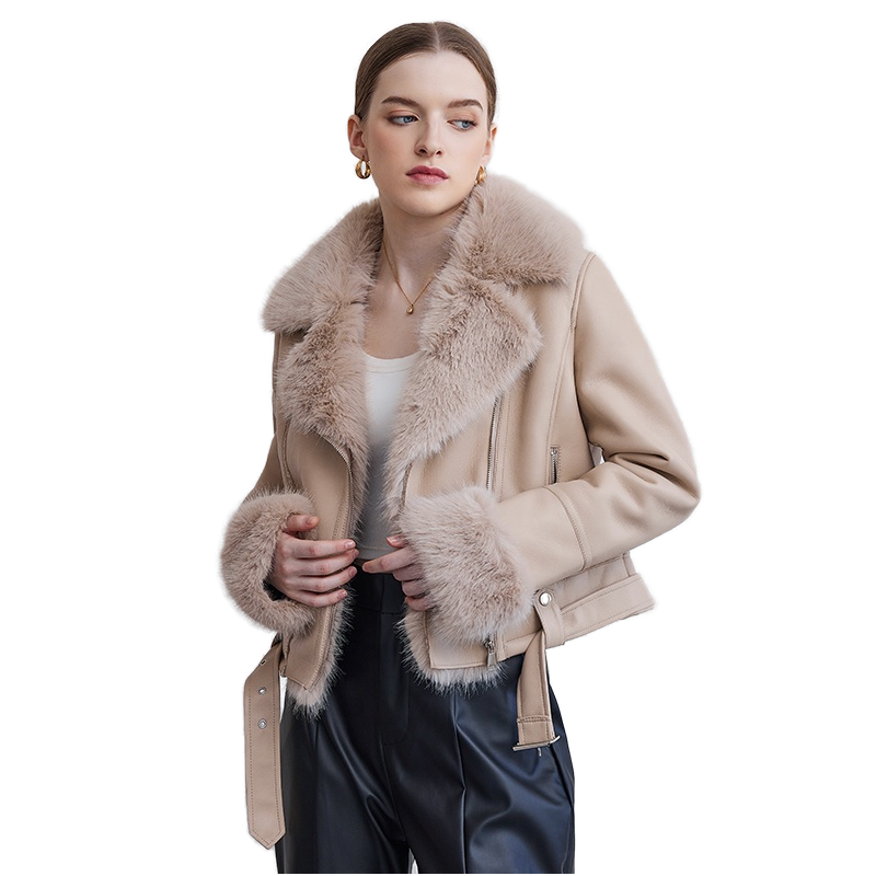 Women's Winter Short-Length Zipper Closure Bomber Jacket Real Shearling Sheepskin Leather Woven PU Fur Decoration Faux Fur