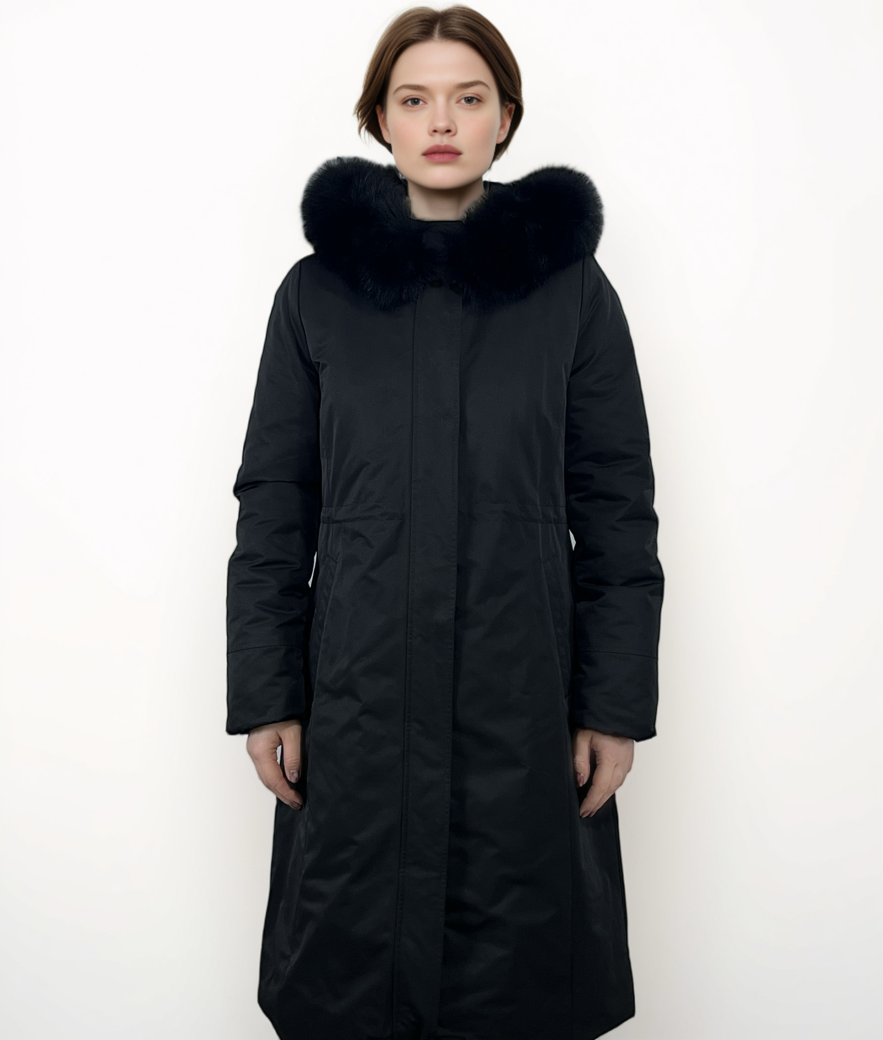 Black Long Winter Coats for Women Down Parka with Real Fur Lining Zip Down Parka Outerwear Jacket
