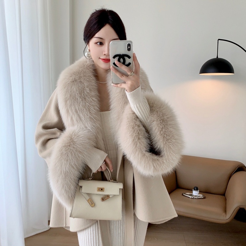2024 Autumn Winter Collection Elegant Long Women's Overcoat Double-Sided Fox Fur Collar High-End Wool Cashmere Belt Elegant Cape