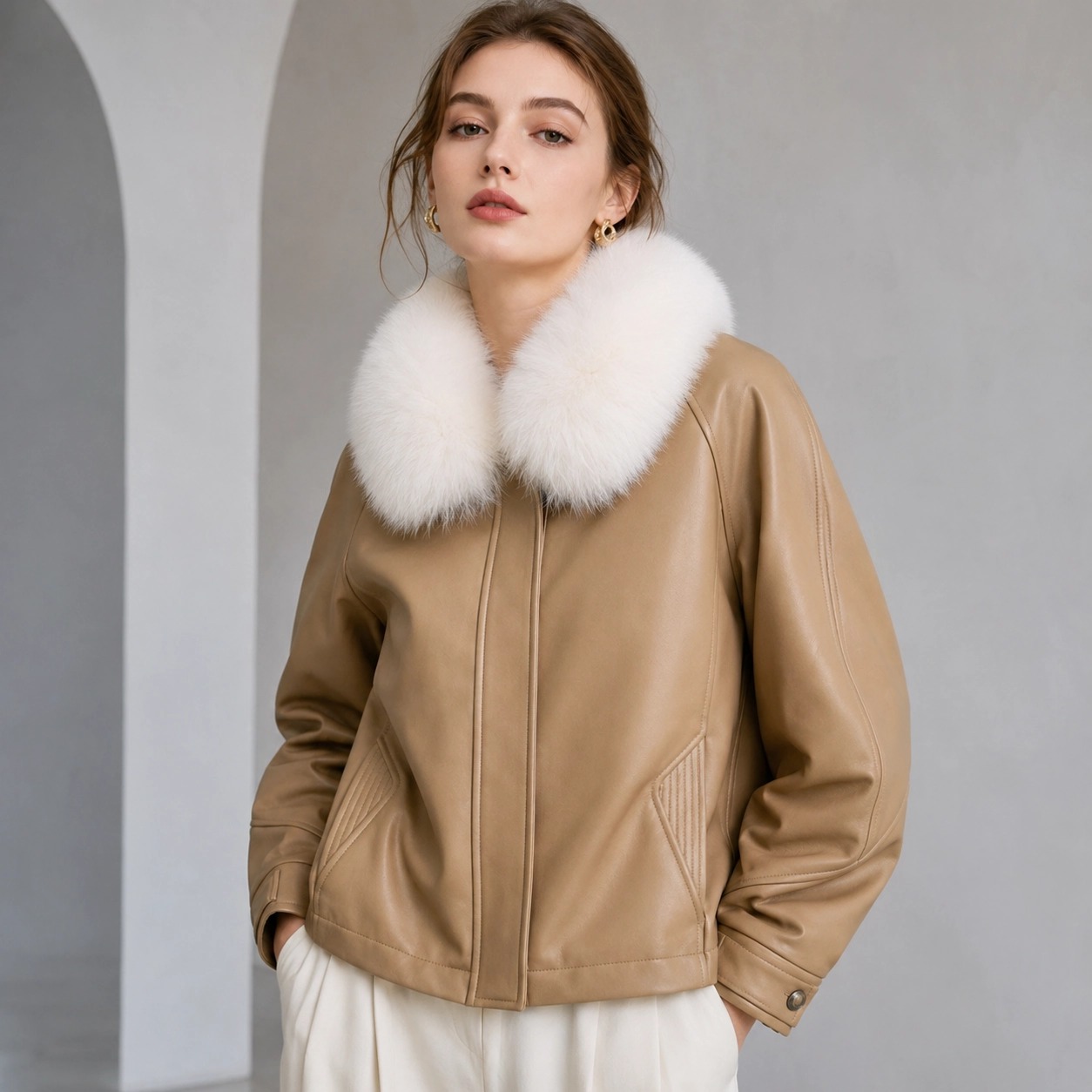New Autumn Winter Natural Fox Fur Collar Leather Down Jacket, Women's Short Straight Slimming Puffer for Daily Wear