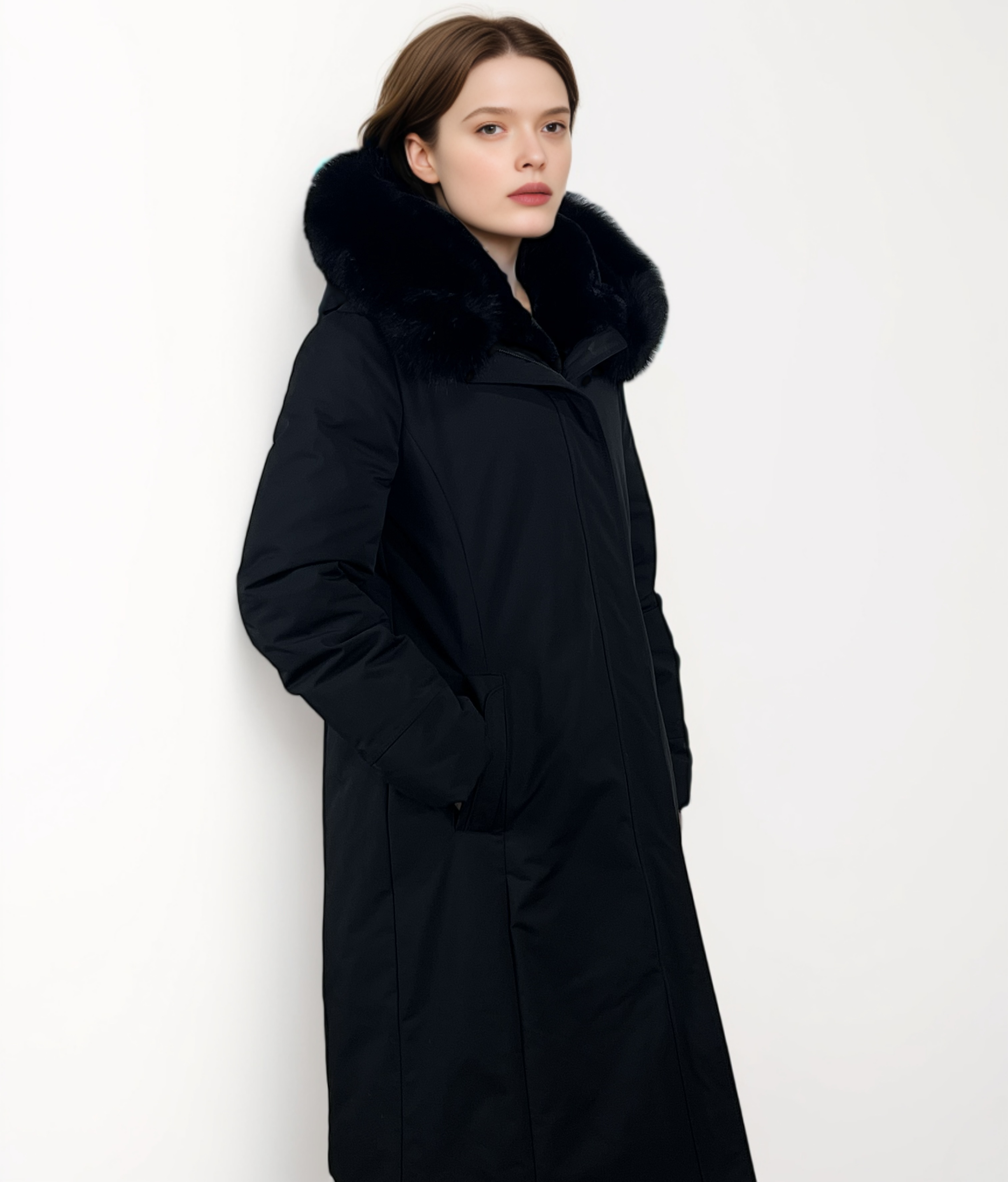 Black Long Winter Coats for Women Down Parka with Real Fur Lining Zip Down Parka Outerwear Jacket