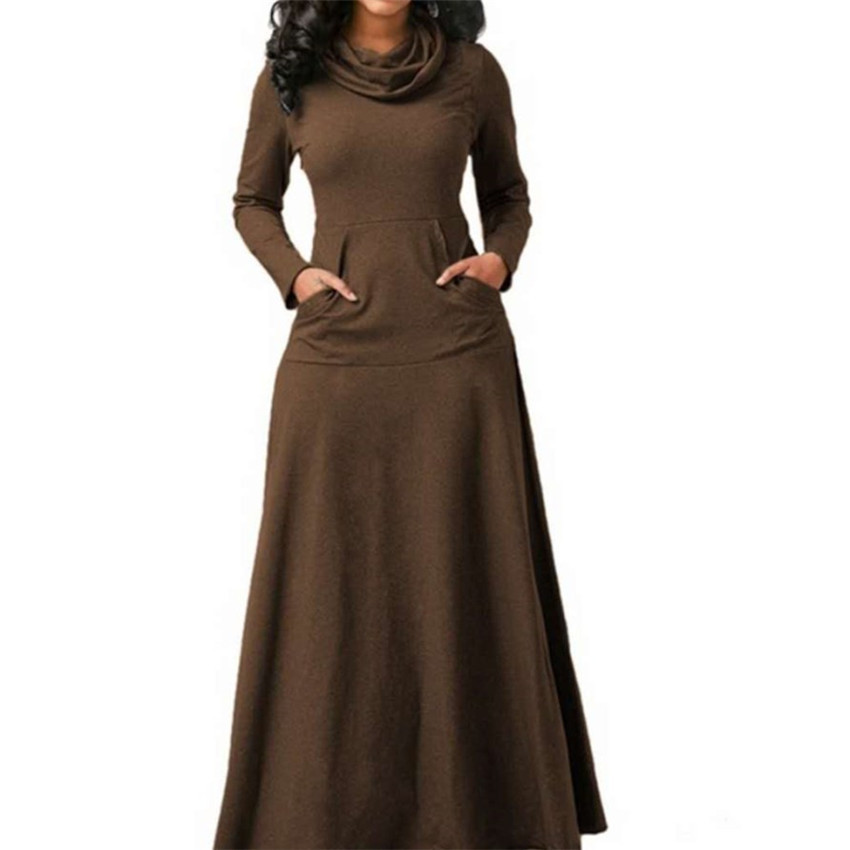 Autumn and Winter Clothing Women Dresses Stacked Collar Long Sleeves Maxi Dress With Pocket