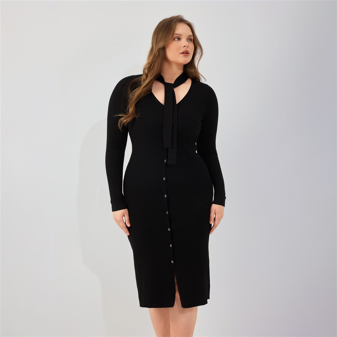 Custom Women Winter Clothes 2026 Spring Plus Size Viscose Rib Knit Dress Tie Neck Button Front Midi Length Chic Elegant Style