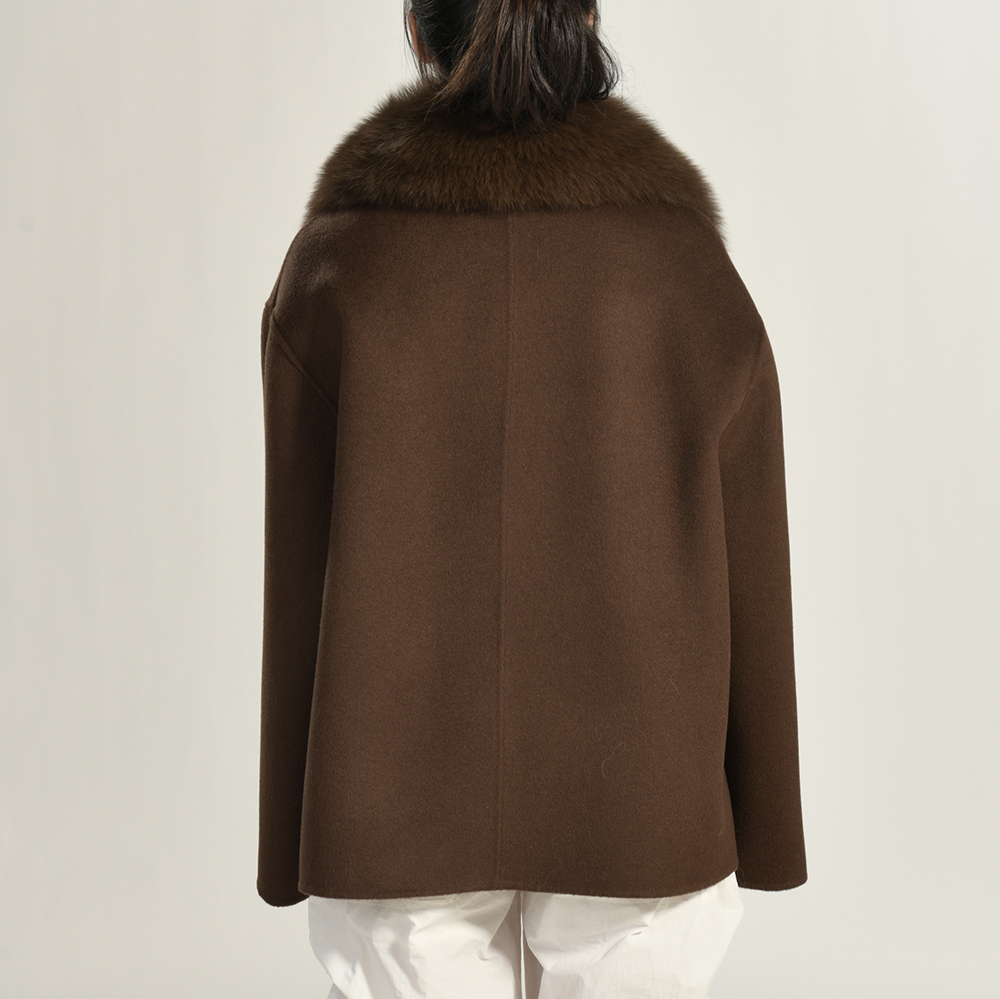 Jxwatcher Winter Real Fox Fur Collar Thick Overcoat Women's Cashmere Wool Double Faced Solid Color Coat with Belt Closure