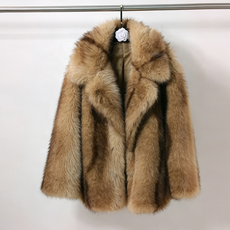 Zeyu Luxury Gradient Brown Faux Fox Fur Coat For Women Turn-down Collar Regular Length Winter Warm Eco-friendly Windproof Button