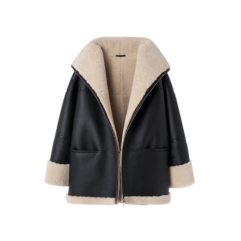 OEM Designer Quilted Shearling Jacket Women High Quality Oversize Faux Leather Fur Big Turn-down Collar Plain Dyed Cotton