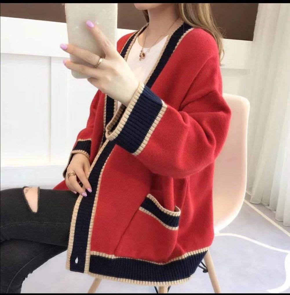 Fashion Stripe Wool Sweater Women's Winter Long Sleeve V-neck Casual Knitwear Coat