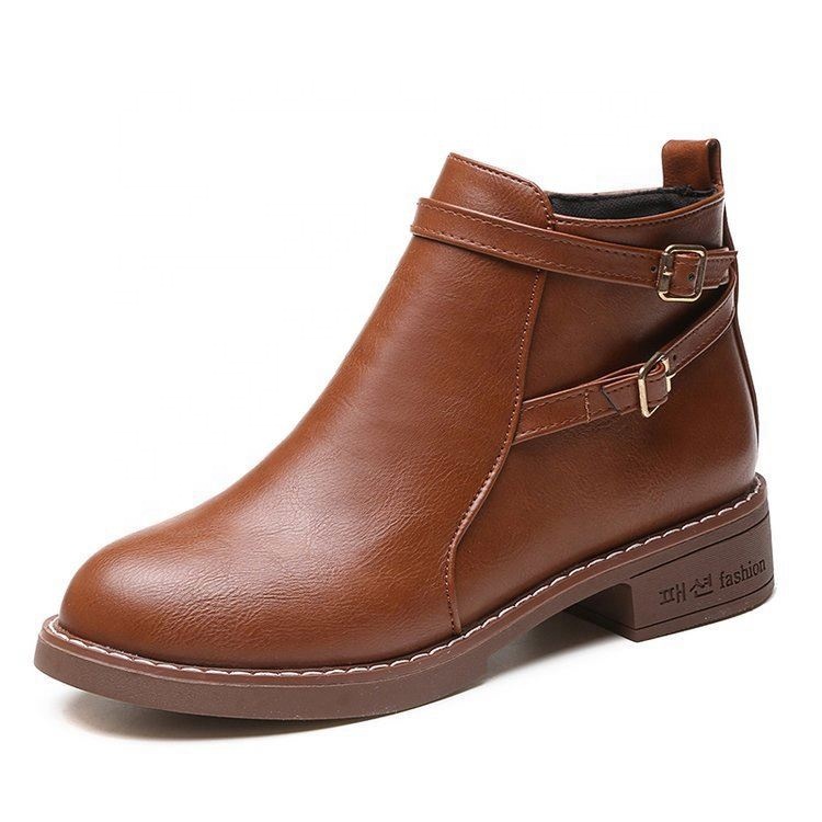 Autumn and Winter New Low-heeled Belt Ankle Large Size Leather Women's Boots Wholesale Ankle Boots Low Heel
