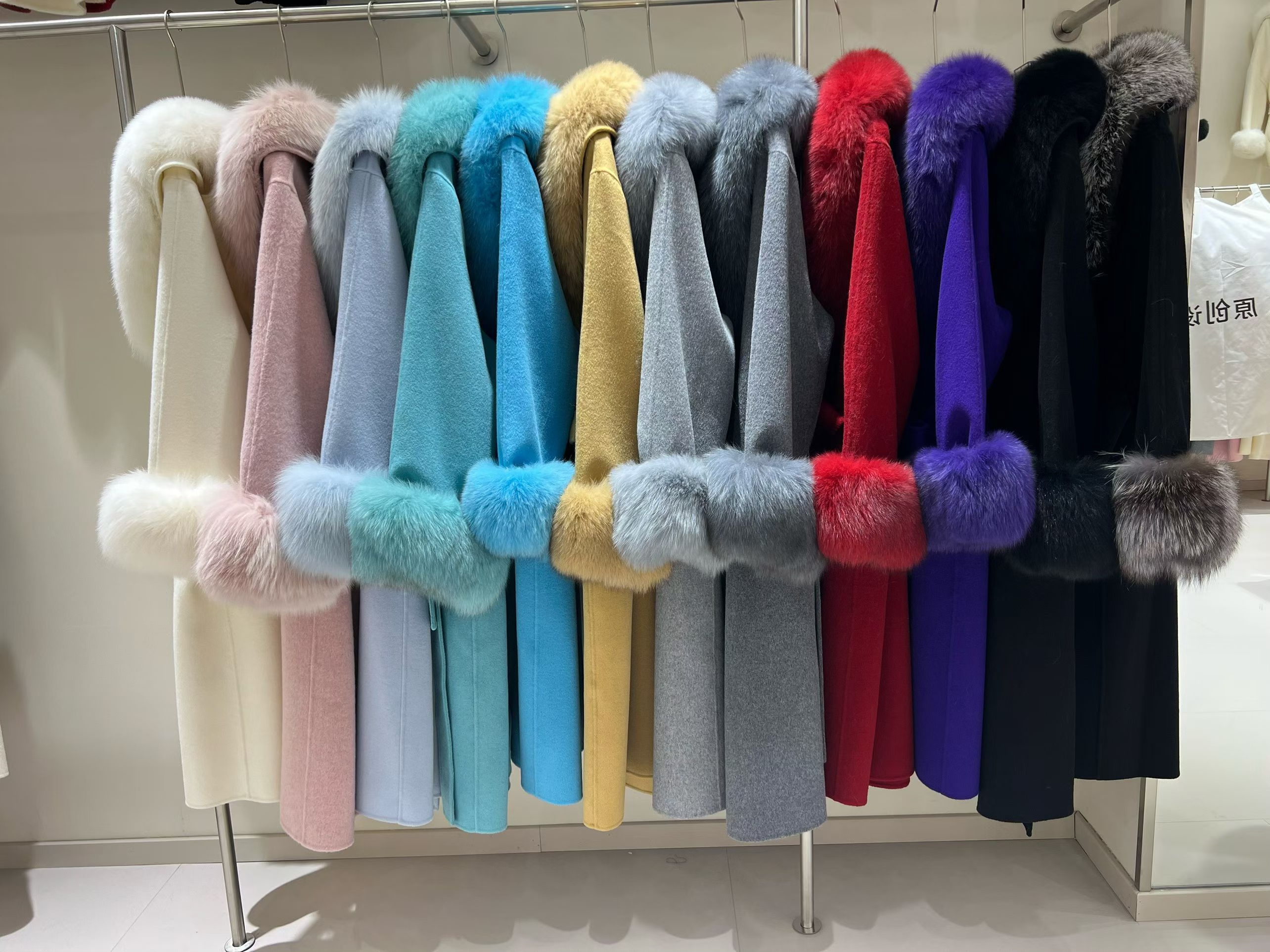Christmas Women's Natural Double Faced Wool Cashmere Coat Long Trench Real Big Fox-Fur Collar Belted Overcoat