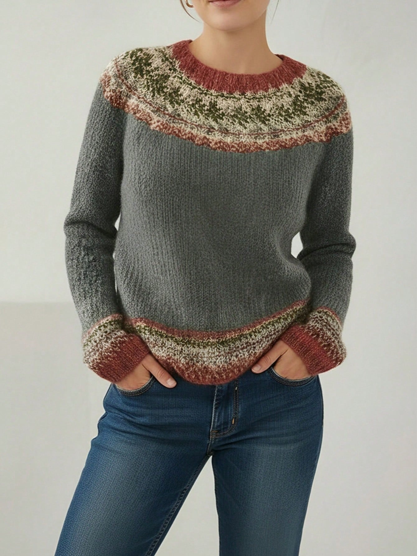 Quality Grey Nordic Knitted Sweater for Winter Holiday for Daily Outing Trendy Soft Warm Knitted Pullover Knitwear Top