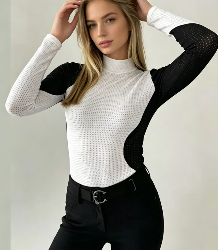Women's Long Sleeve Turtleneck Perforated Mesh Slim Fit Breathable Stretch Riding Base Layer with Custom Pattern More Colors
