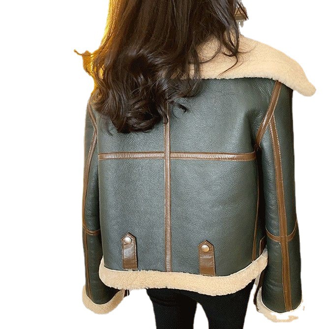 Women Winter Faux Fur Leather Jacket Large Lapel Shearling Motorcycle Jacket