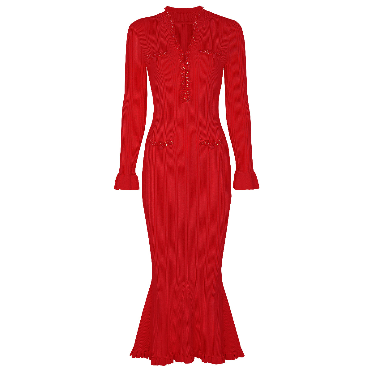 Women's Autumn Winter New Fashion Viscose Straight Simple Solid Knitted V-neck Slim Fit Handmade Beaded Long-sleeved Midi Dress