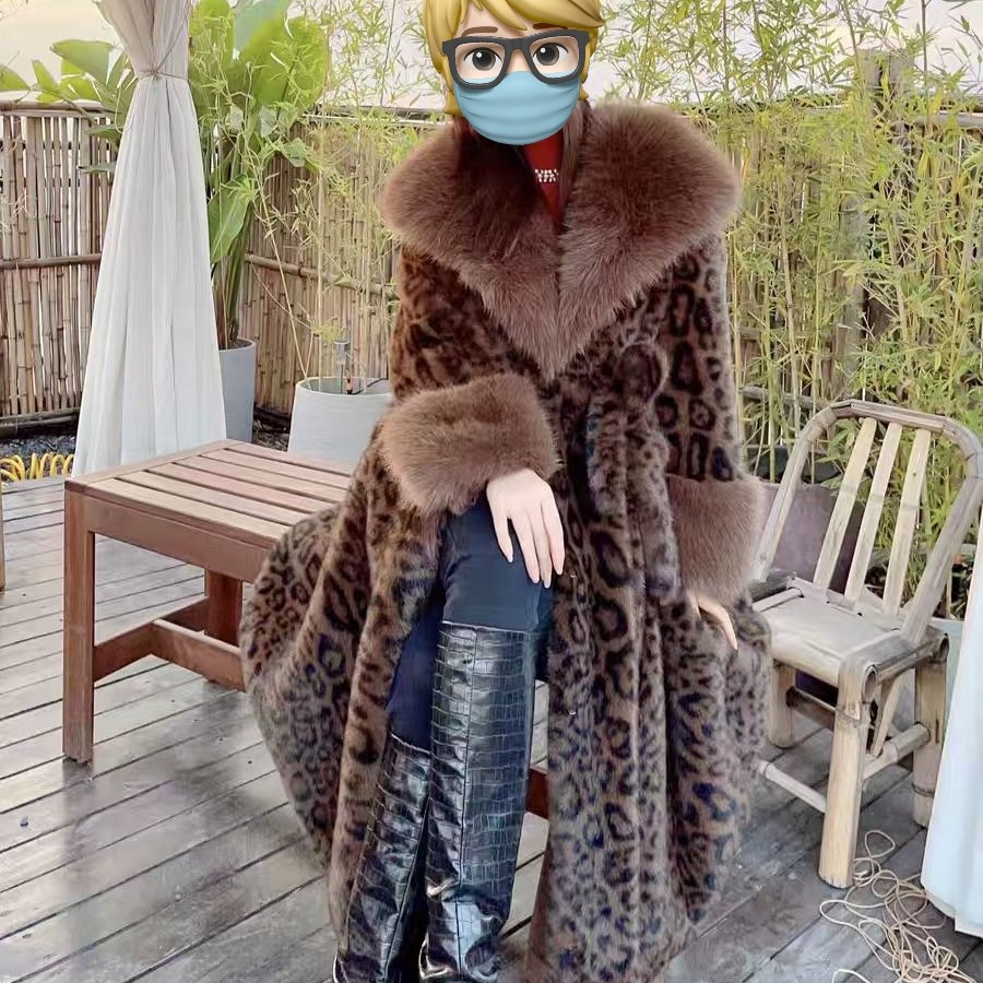 Ladies Over-knee Faux Mink Fur Coat, Shearling Integrated with Fox Fur Collar European Velvet Fur Outerwear