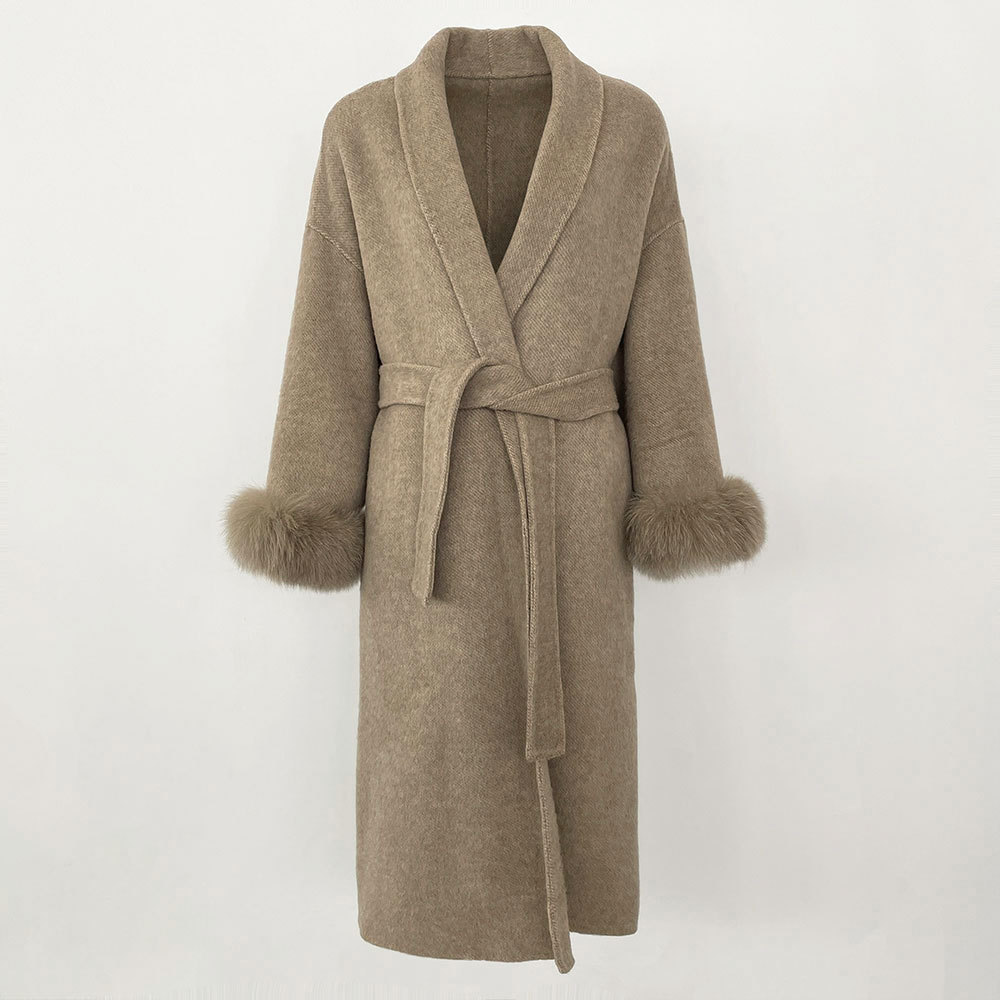 2025 Luxury Women's Double-Faced Woolen Coat Elegant Belted Robe Long Fox Fur Sleeves Casual Cashmere Overcoat for Autumn Winter