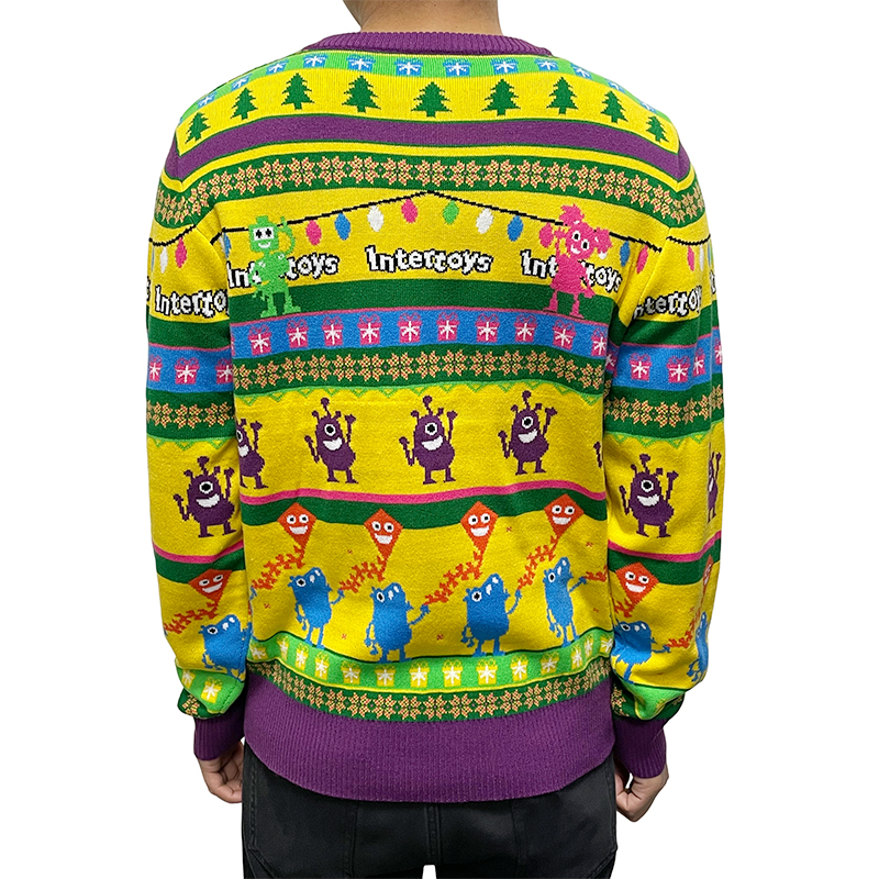 Factory Wholesale Cute Thick Yellow Purple Crew Neck Loose Cartoon Monster Jacquard Knitted Ugly Christmas Sweater