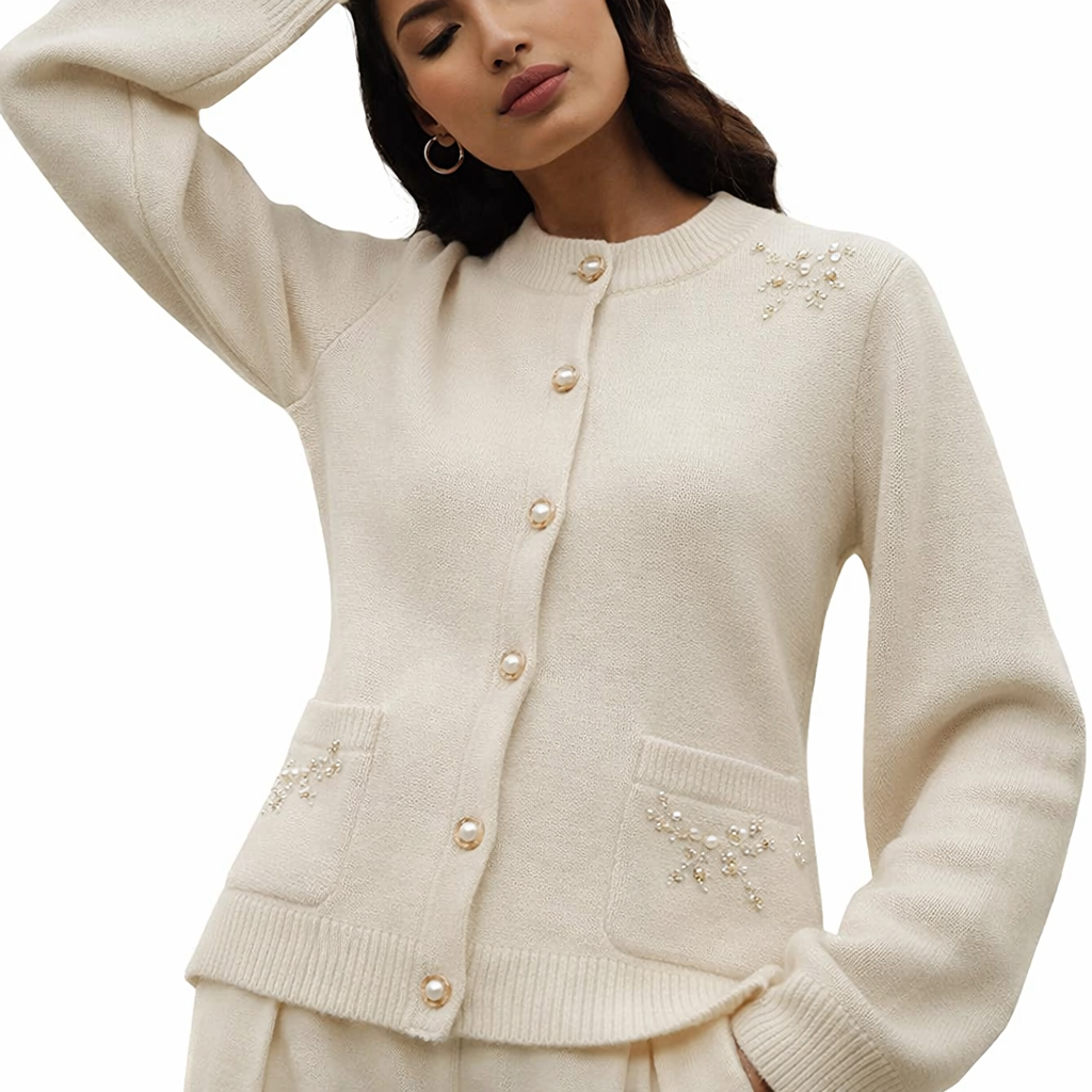 Custom Women's Cardigan Sweater Floral Embroidery Pearl Button Knit Jacket OEM Elegant Ladies Knitwear