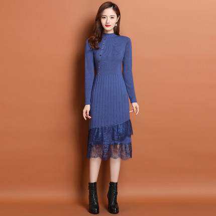 Knitted Dress for Women, Autumn and Winter New Lace Long Inner Layer, Bottom Woolen Skirt Over the Knees
