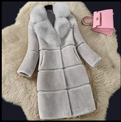 Women's Fur Coats Faux Fox Fur Collar Winter Fashion Gray Women Elegant Fur Jacket Thick Warm Outerwear