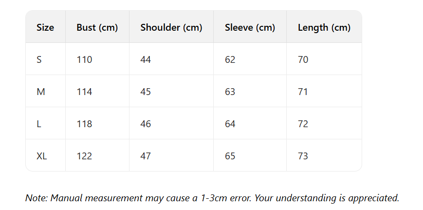 Size Chart for Women's Faux Leather Down Jacket