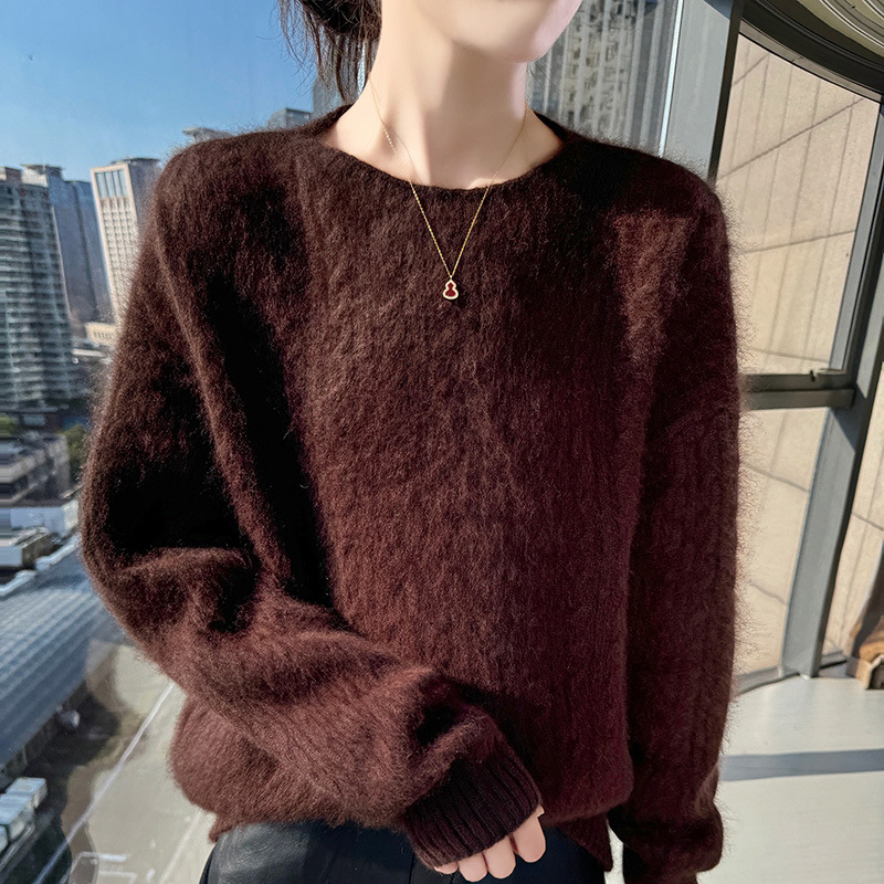 Autumn Winter New Women's Loose-Fitting Round-Neck Cable-Knit Thick Short Solid Color Wool &amp; Mink Velvet Korean Sweater Pullover
