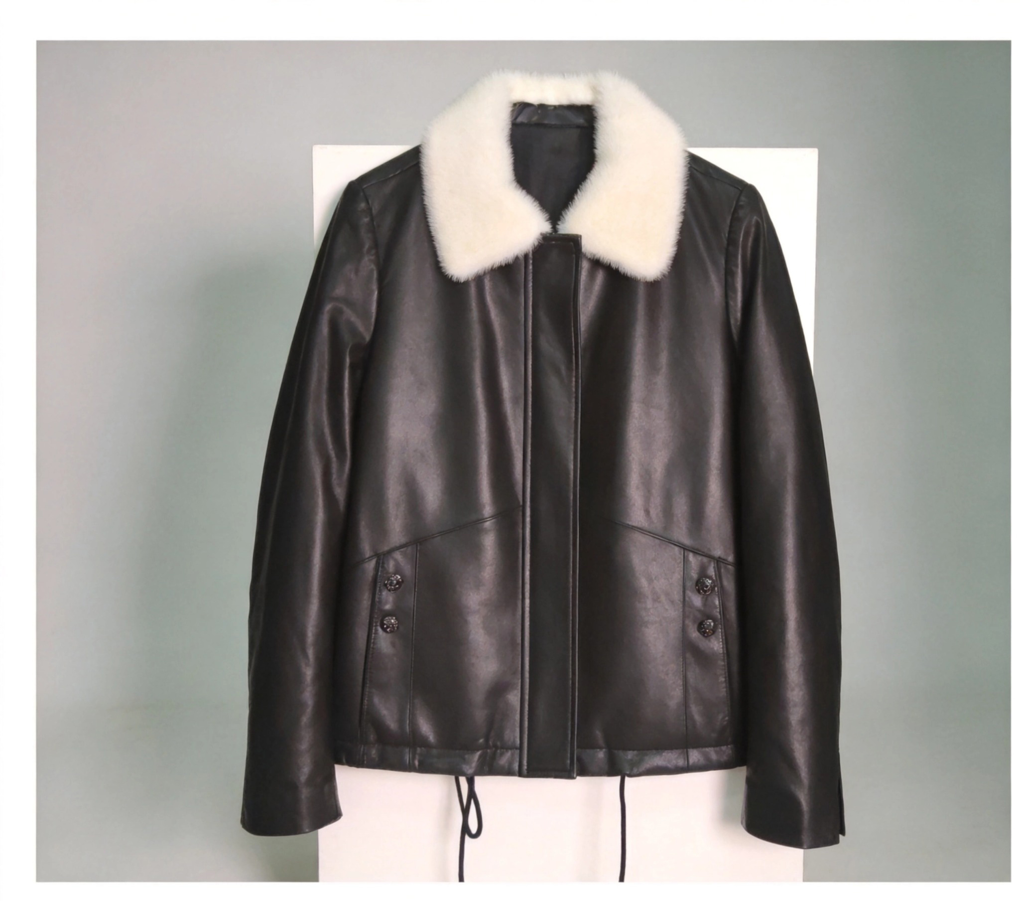 New Autumn Winter Natural Mink Fur Collar Leather Down Jacket, Women's Short Oversized Slimming Puffer with Waist-Tied Hem