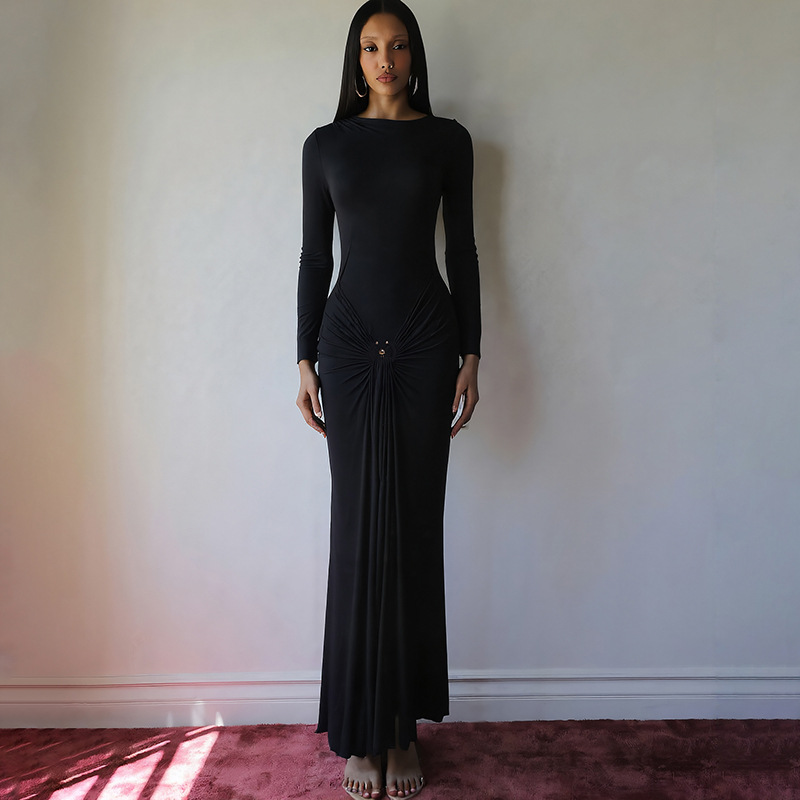 Winter Autumn Pure Color Elegant Long Sleeve Decorative Buckle Strap Casual Culb Party Bodycon Dresses Long Dress Wome