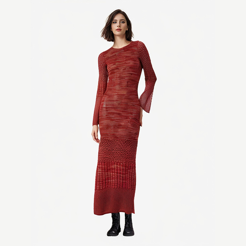 Knitwear Manufacturer Custom Autumn Winter Red Crew Neck Long Sleeved Women's Knit Sweater Midi Dress