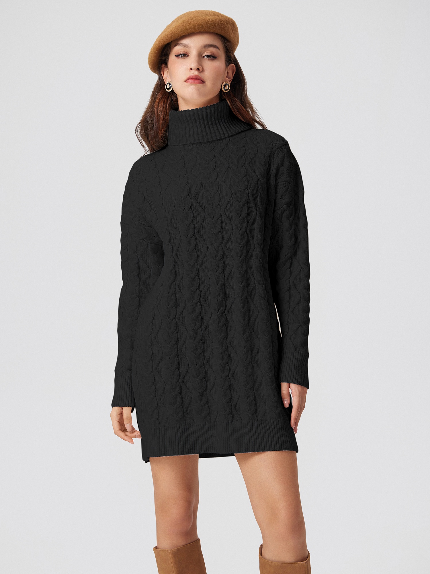 Women's Vintage Elegant Cable Knit Sweater Dress Autumn Winter Crew Neck Mini Dresses Long Sleeve Slim Fit Breathable Polyester