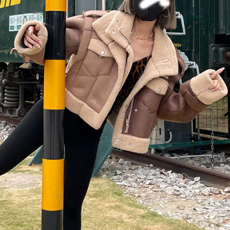 Plus Size Vintage Lady Faux Leather Polar Fleece Fur Shearling Sherpa Oversized Women's Cropped Coat Motorcycle Biker Jacket
