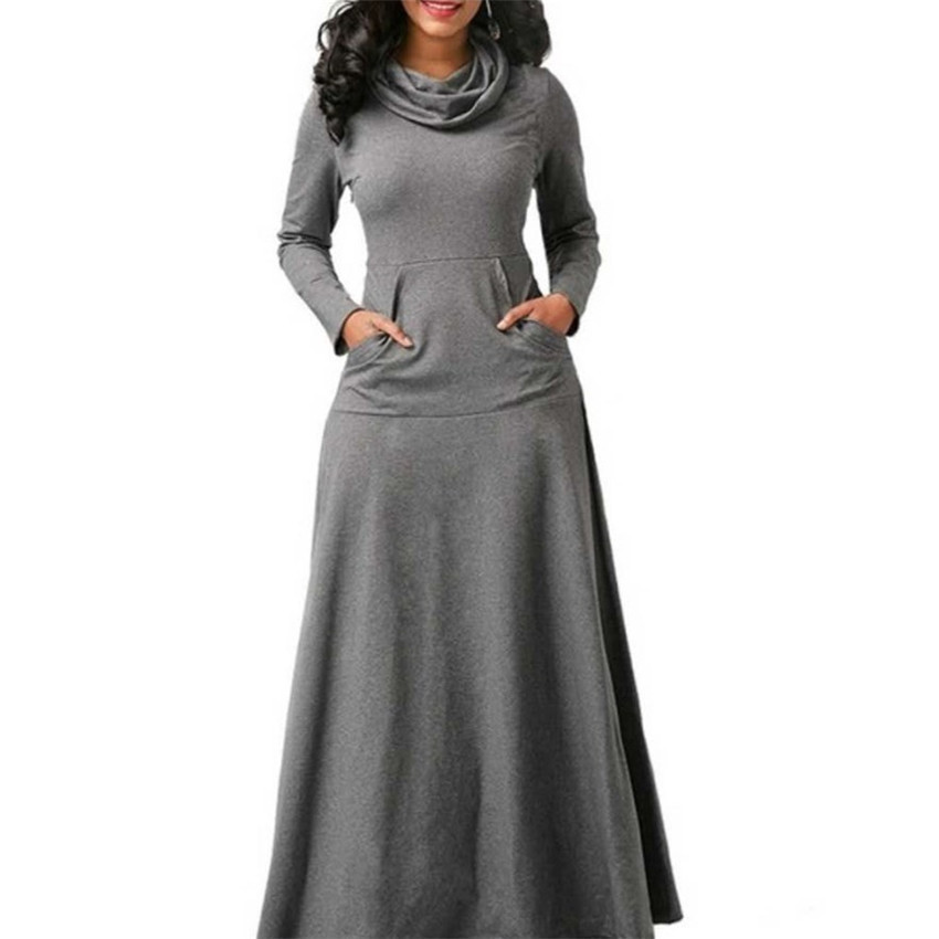 Autumn and Winter Clothing Women Dresses Stacked Collar Long Sleeves Maxi Dress With Pocket
