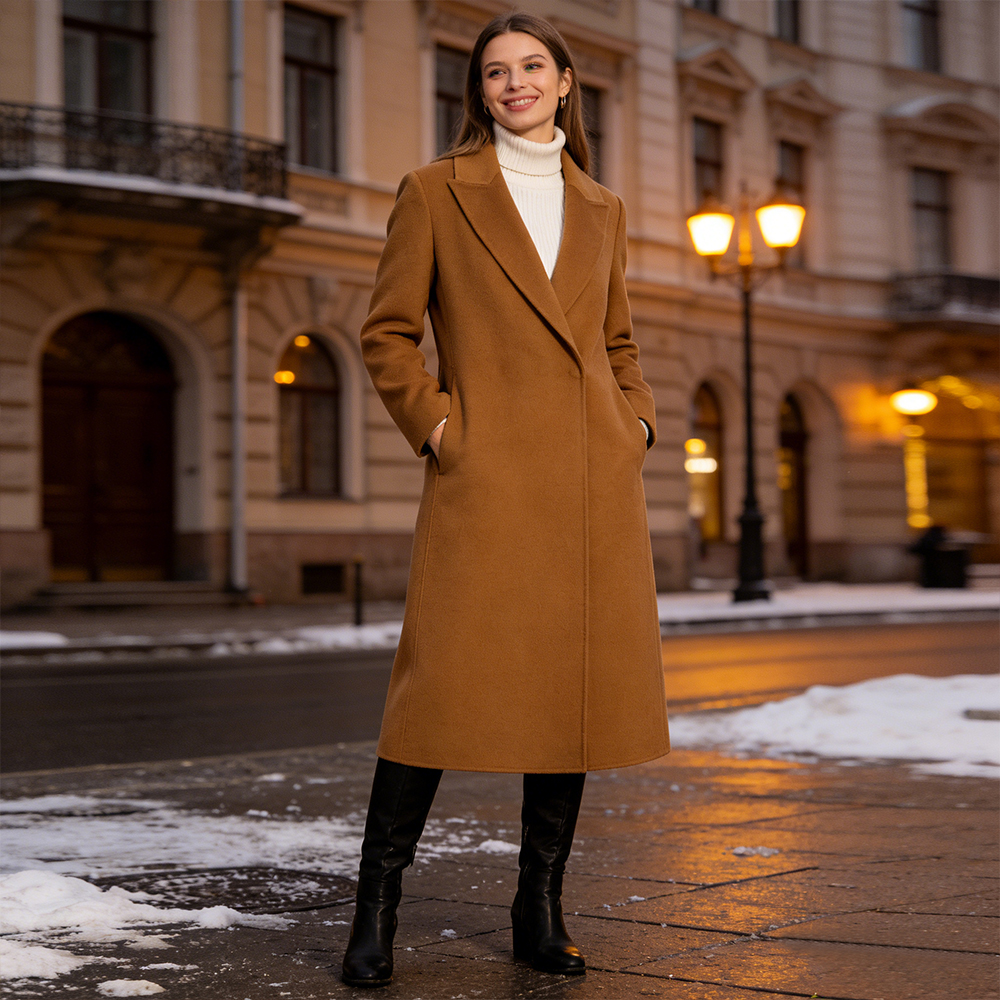 Women's Long Wool Cashmere Double Face Coat - 10% Cashmere 90% Wool, Camel Color Winter Warm Elegant Overcoat