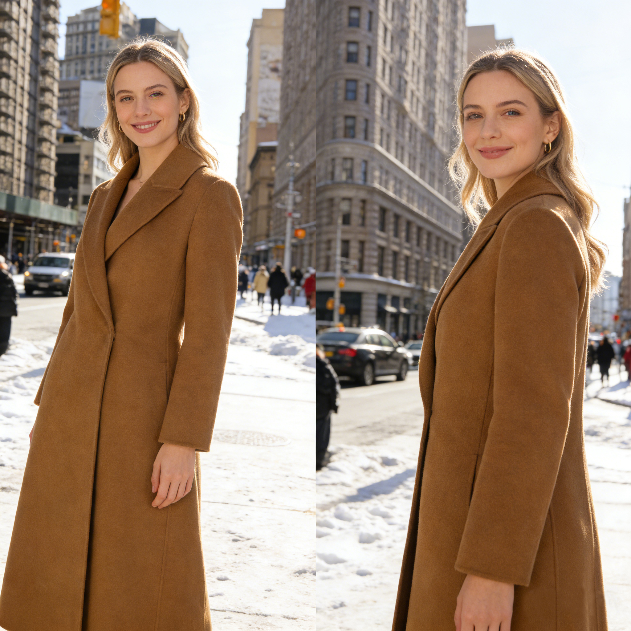 Women's Long Wool Cashmere Double Face Coat - 10% Cashmere 90% Wool, Camel Color Winter Warm Elegant Overcoat